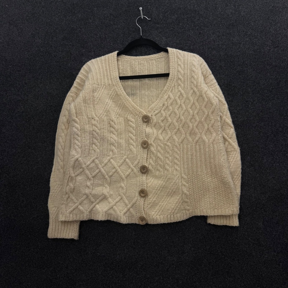 Vintage Cream Cable Knit Patchwork Cardigan Sweater Wood Buttons Chunky V-Neck
